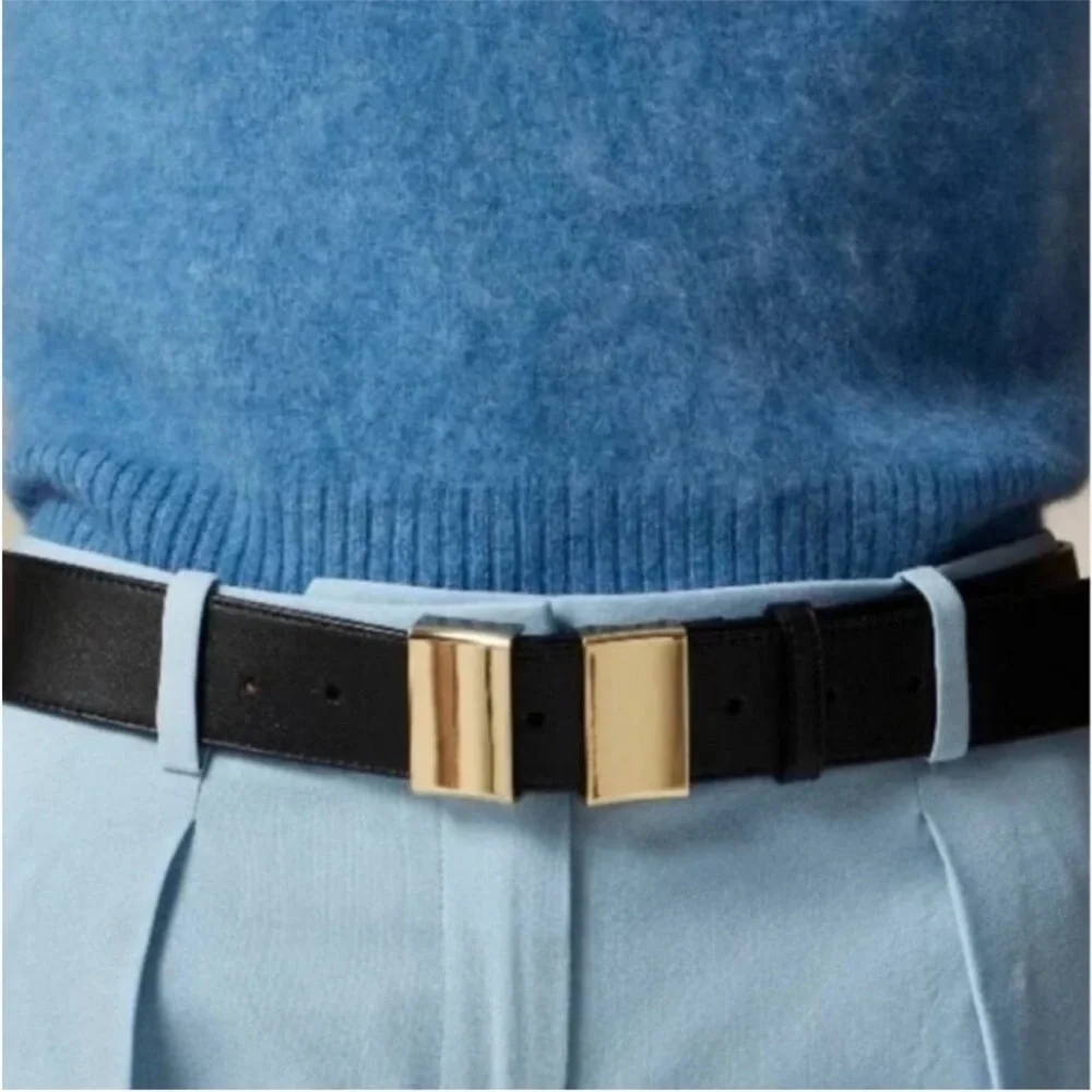 NEW J. Crew double gold buckle black leather belt size medium CG311 $89.50 - Picture 2 of 13